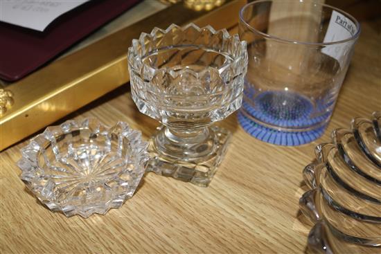 A Baccarat cut crystal bowl, 6 glass cocktail sticks, an Orrefors decanter, two other decanters, a claret jug (a.f) and 5 other items